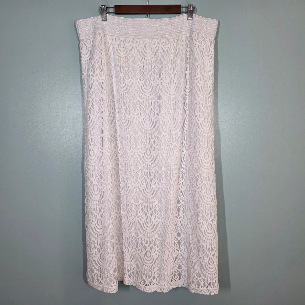 Cato Woman White Lace Maxi Skirt Elastic Waist Lined Plus 22/24W Boho Scallop